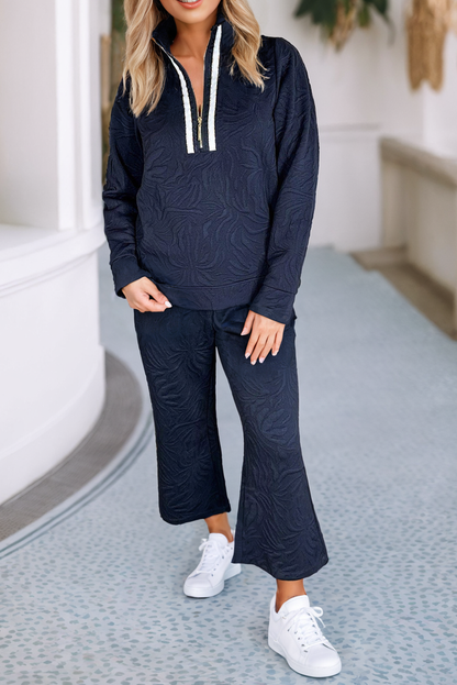 Textured Jacquard Quarter Zip Top and Crop Pants Set